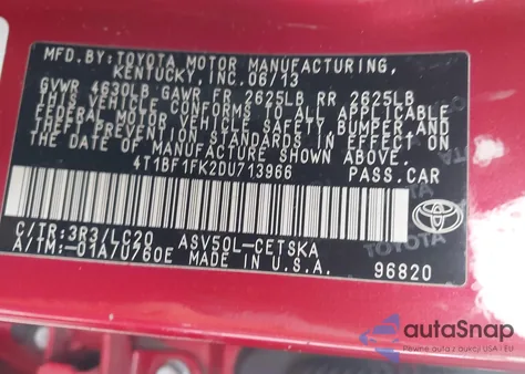2013 Toyota Camry Se from USA, damaged, VIN 4T1BF1FK2DU713966
